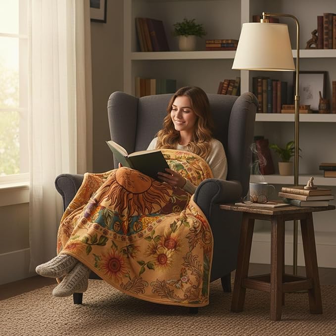 Leeisysme Orange Sun and Moon Fleece Throw Blanket, 70s Vintage Boho Sunflowers Constellation Cozy Decor Nap Blankets for Sofa Bed Couch Chair or Dorm Throws 60×80 inches