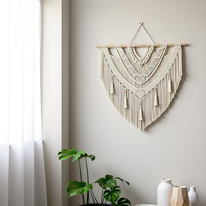 large macrame wall hanging - Boho Tapestry Macrame Wall Decor Art- Chic Bohemian Handmade Woven Tapestry Home Decoration for Bedroom Living Room Apartment Wedding Party - 43"x40" (Bead Fringe)