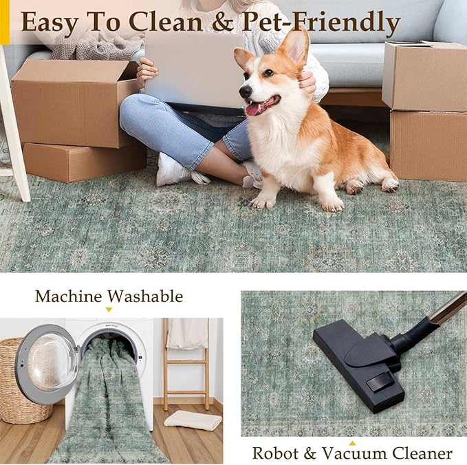 2x6 Washable Runner Rug for Kitchen Hallway Teal Blue Vintage Non-Slip Low Pile Distressed Rustic Carpet Soft Long Throw Rug for Indoor Entryway Bedroom