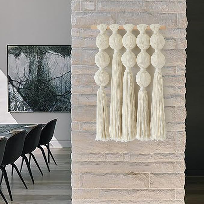 Macrame Wall Hanging Boho Wall Decor with Cotton Ball Tassels Handmade Fiber Wall Art for Living Room Bedroom