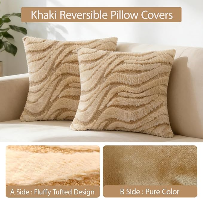 Khaki Couch Pillow Covers 20" x 20" Striped Elegant Fluffy Decorative Pillow Covers Set Faux Fur Boho Texture Throw Pillow Covers Decor for Sofa Chair Livingroom - 2 Pieces