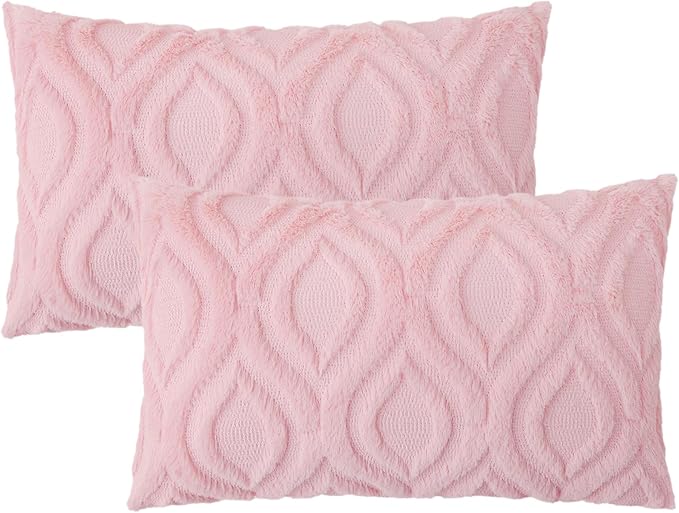 decorUhome Cozy Textured Throw Pillow Covers 12x20 Inch Set of 2, Soft Plush Faux Wool Light Pink Accent Couch Pillow Covers for Modern Farmhouse Sofa Bed Living Room