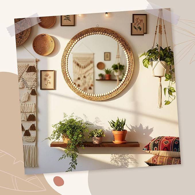 Boho Round Hanging Wall Mirror Decor 16 Inches Rattan Wicker Costal Loop Round Circle Mirrors for Coastal Farmhouse, Living Room, Bedroom, Entryway