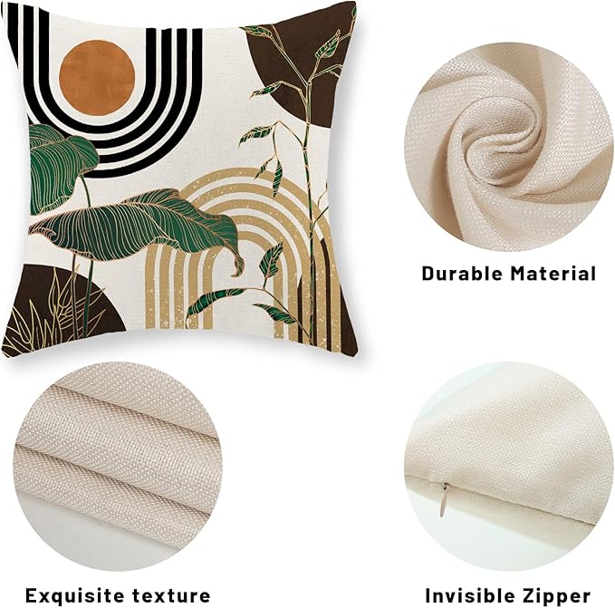 Boho Brown Pillow Covers 18x18 Set of 2 Green Gold Leaf Tropical Mid Century Throw Pillows Outdoor Bohemian Decorative Pillow Cases Modern Abstract Linen Cushion Case for Couch Sofa Decor