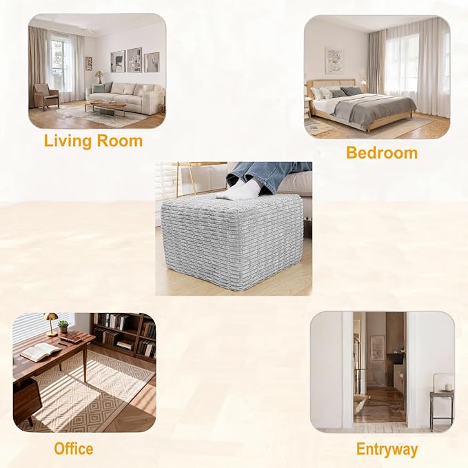 Asuprui Round Square Pouf Ottoman Foot Rest – Lightweight Modern Footstool with Plush Foam Filling, Perfect for Living Room Decor & Cozy Comfort – 20x20x14 Inch Chic Accent Piece (Light Gray)