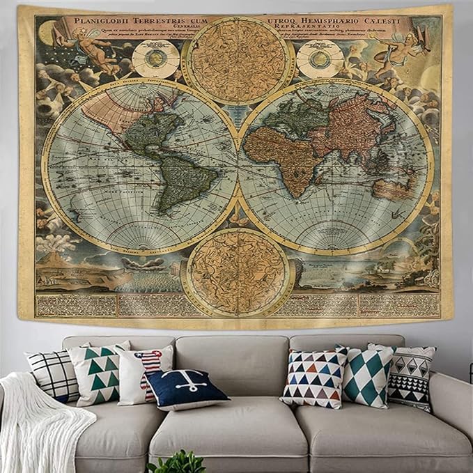 Vintage World Map Tapestry, Antique Old Nautical Map of the World Wall Art, Historical Atlas Geography Retro Wanderlust Pirate Tapestry Wall Hanging for Bedroom Living Room Dorm, 40X30in, Brown Tan