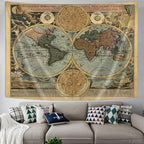 Vintage World Map Tapestry, Antique Old Nautical Map of the World Wall Art, Historical Atlas Geography Retro Wanderlust Pirate Tapestry Wall Hanging for Bedroom Living Room Dorm, 71X60in, Brown Tan