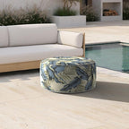 Inflatable Ottoman Stool D21 xH9 for Outdoor/Indoor Use, Water Repellent Patio Foot Rest with Portable Handle,Round Pouf Ottoman Suitable for Garden,Deck and Camping-Lush Palm Blue