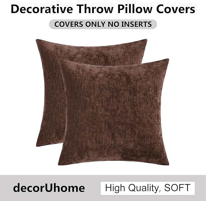 decorUhome Chenille Reddish Brown Spring Euro Sham Throw Pillow Covers 22x22 Inch Set of 2, Decorative Soft Couch Pillow Covers Solid Dyed Accent Farmhouse Neutral Square Pillow Cases for Sofa