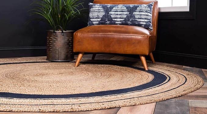 Unique Loom Braided Jute Collection Classic Quality Made Natural Hand Woven with Coastal Design Area Rug (8' 0 x 8' 0 Round, Natural/ Navy Blue)