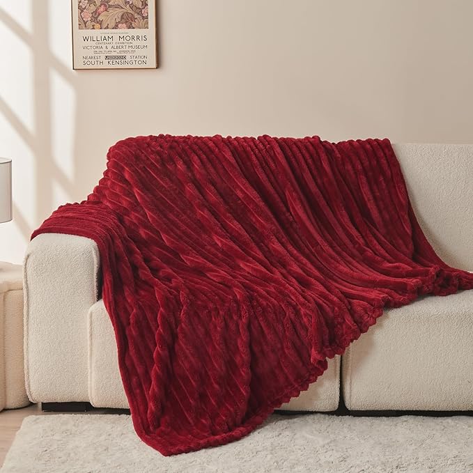 NEWCOSPLAY Super Soft Twin Blanket Red Premium Silky Flannel Fleece 3D Ribbed Jacquard Lightweight Bed Blanket All Season Use (Red Ribbed, Twin(60"x80"))