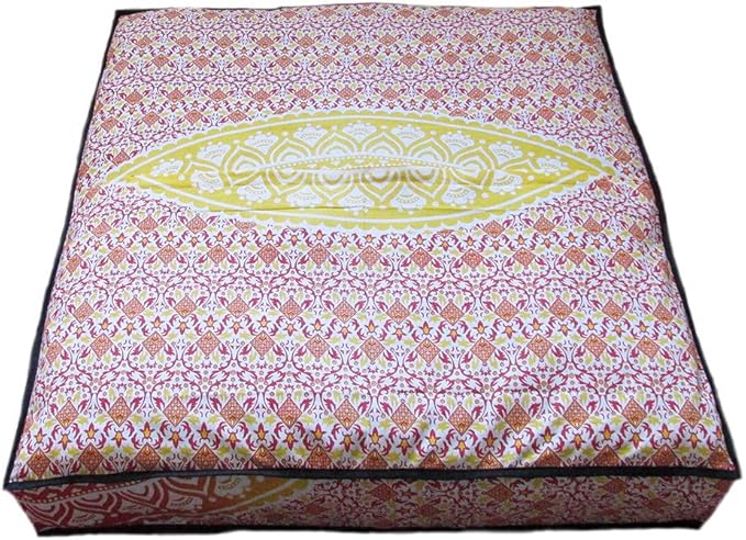 CRAFT KALA Mandala Floor Pillow Cushion Cover Seating Throw Cover Hippie Decorative Bohemian Ottoman Poufs Pom Pom Pillow Cases Boho Indian Cotton Living Room Yoga Home Décor (35" Square Yellow Ombre)