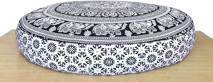 CRAFT KALA Mandala Floor Pillow Cushion Cover Seating Throw Cover Hippie Decorative Bohemian Ottoman Poufs Pom Pom Pillow Cases Boho Indian Cotton Living Room Home Décor 35" Round, Black and Elephant