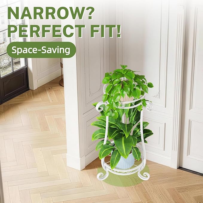 iDavosic.ly 2 Tier Metal Plant Stand Indoor Outdoor, Iron Corner Tall Flower Pot Holder Shelf, 27 Inch Vertical Heavy Duty Display Rack for Patio Porch Living Room Garden, White