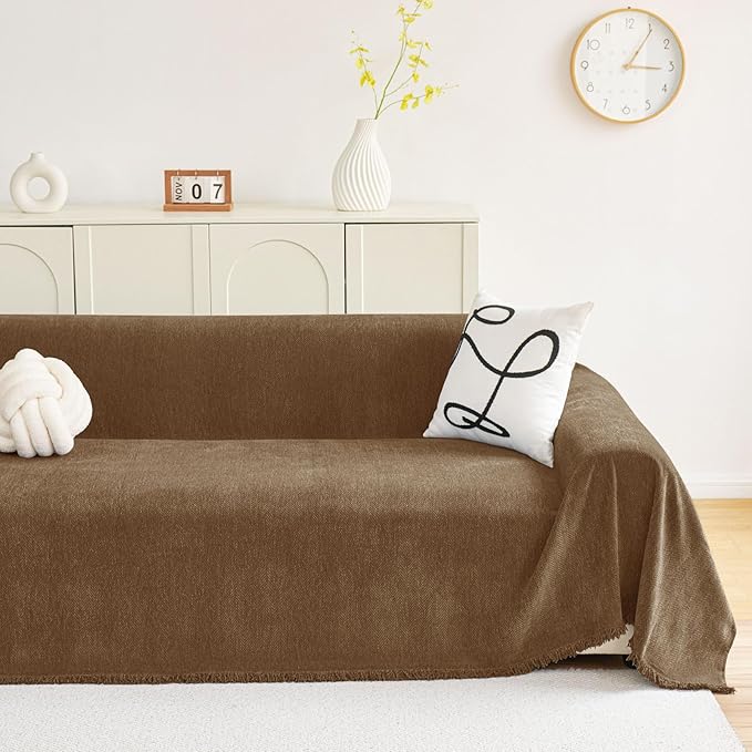hyha Couch Cover for Dogs, Boho Sofa Covers for 3 Cushion Couch Washable, Chenille Sofa Slipcover for Pets, Soft Loveseat Sectional Couch Throw Blankets with Tassels (Chocolate, 71x102 Inch)