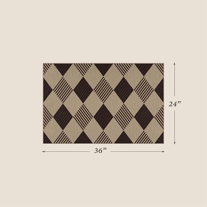 2x3 Diamond Front Door Rug Indoor Entrance - Easy Jute Door Rugs for Entryway, Doorway, Kitchen, Mudroom, Non Slip with Rubber Backing Fall Beige Black Décor