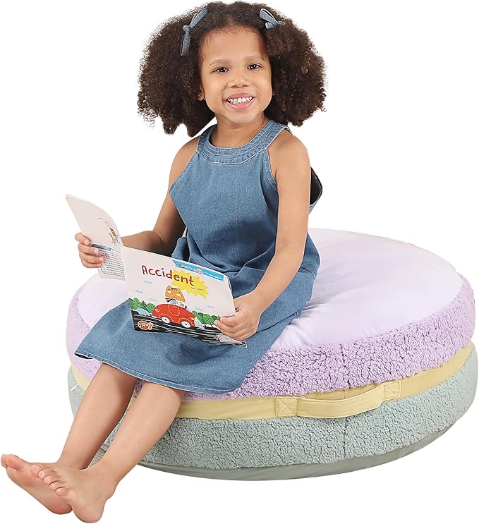 Macaron Bean Bag Chair for Kids and Teens, Comfy Sherpa Pouf Ottoman for Kids and Adult, 27.5"×27.5"×13.5", Purple and Green