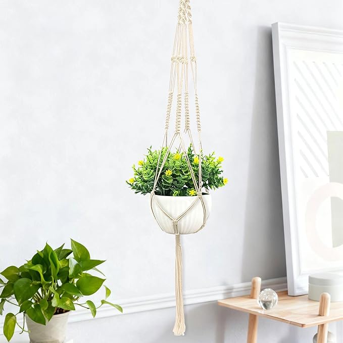 Macrame Plant Hanger, Hanging Planter Basket with Decorative Tassels, Decorative Flower Pot Holder for Indoor Outdoor Boho Home Decor, Set of 2 (Metal Hanging Ring)