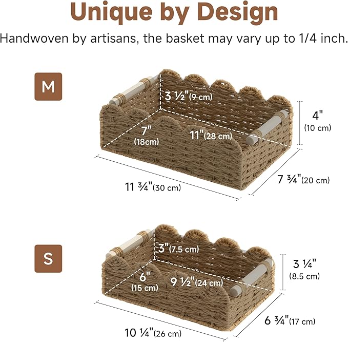 StorageWorks Toilet Paper Storage Basket, Living Room Organizers and Storage, Toilet Paper Basket with Wooden Handles, Small Paper Rope Scalloped Basket, Brown