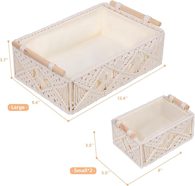 ANMINY 3PCS Macrame Storage Baskets for Organizing Boho Decor Baskets Storage Bins with Wood Handles Handmade Decorative Storage Boxes with Removable Liner Toilet Tank Bathroom Self Basket Organizer