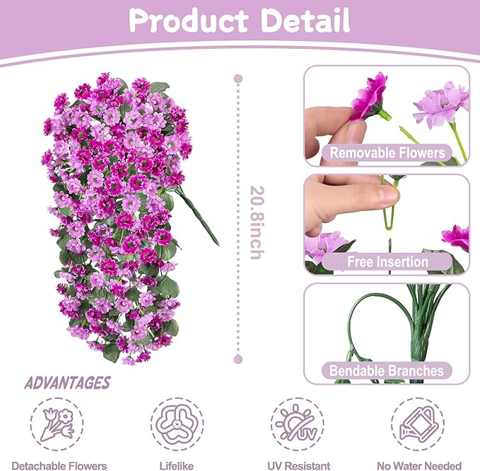 Hanging Baskets Artificial Flowers for Outdoor Interior Decor, Artificial Daisies Flowers Shrubs Plants with Baskets for Home Porch Garden Patio Spring Summer Decoration(Double Lotus)