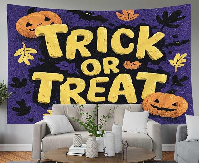 EMMTEEY Halloween Wall Tapestry Trick or Treat Ceiling Tapestry 92.5X70.9 Huge Wall Art for Bedroom Living Room Fall Backdrop