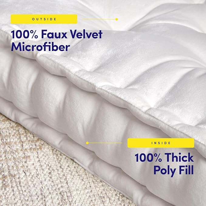 Floor Pillow Large Square Tufted Decorative Cushion 20" x 20" Faux Velvet Fabric Ultra Thick Fill for Kids and Adults, 2 Pack, Ivory