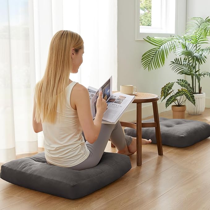 Meditation Floor Pillow Set of 4, Square Large Pillows Seating for Adults, Meditation Cushion Pillow,Tufted Corduroy Cushion for Tatami Living Room or Yoga, Dark Gray, 22x22 Inch