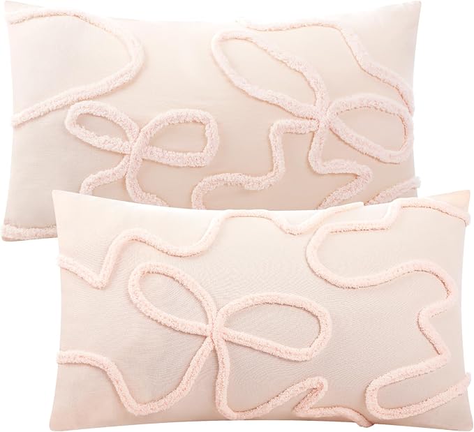 Mixweer 2 Pcs 20" x 30'' Thin Pink Coquette Bow Tufted Throw Pillow Cover 100% Cotton Bow Cushion Cases with Envelope Closure, Queen Size Pillowcase for Bed, Outdoor Couch Bedroom Car