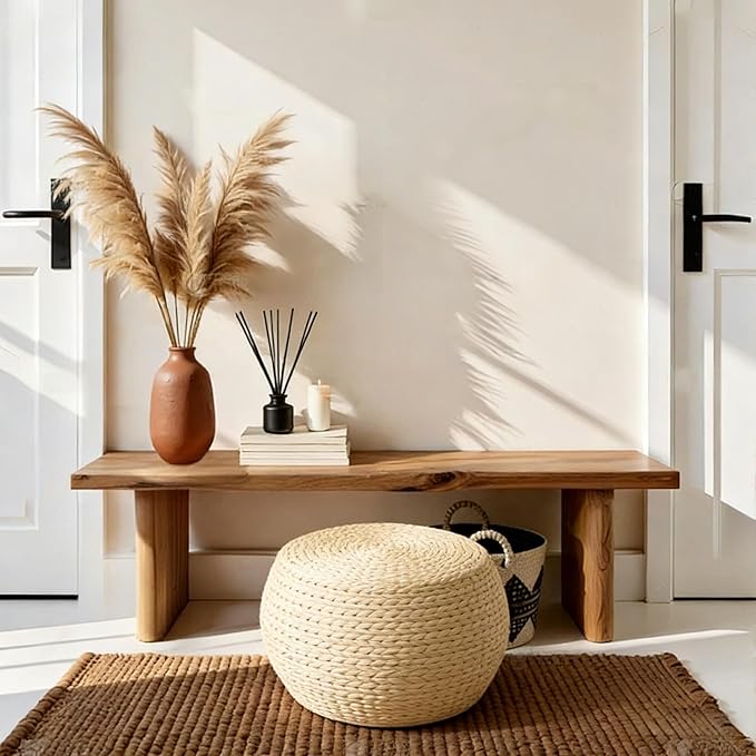 Natural Straw Round Pouf Ottoman, Handwoven Boho Footstool with Wood Frame for Living Room Bedroom Patio Garden (12.2"x12.2"x8.7")