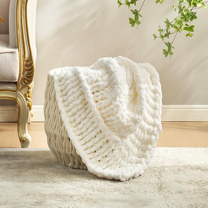 Amélie Home Chunky Knit Throw Blanket for Couch, Soft Chenille Crochet Blanket for Sofa, 60"x80", Ivory