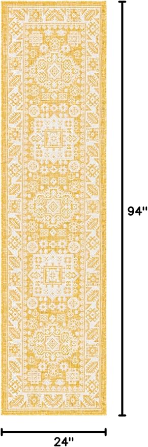 Rugs.com Outdoor Aztec Collection Rug – 8 Ft Runner Yellow Flatweave Rug Perfect for Hallways, Entryways