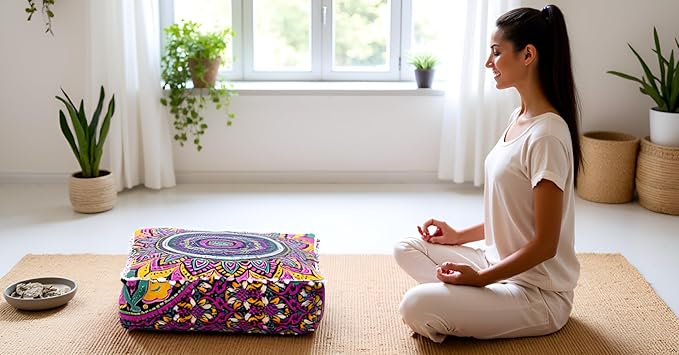 CRAFT KALA Large Hippie Mandala Meditation Floor Ottoman Pillow Cushion Pouf Cover Square Poufs Bohemian Circle Floor Cushion Case Outdoor Fireplace Yoga Living Room Decor Cover New Pink, 24" Square