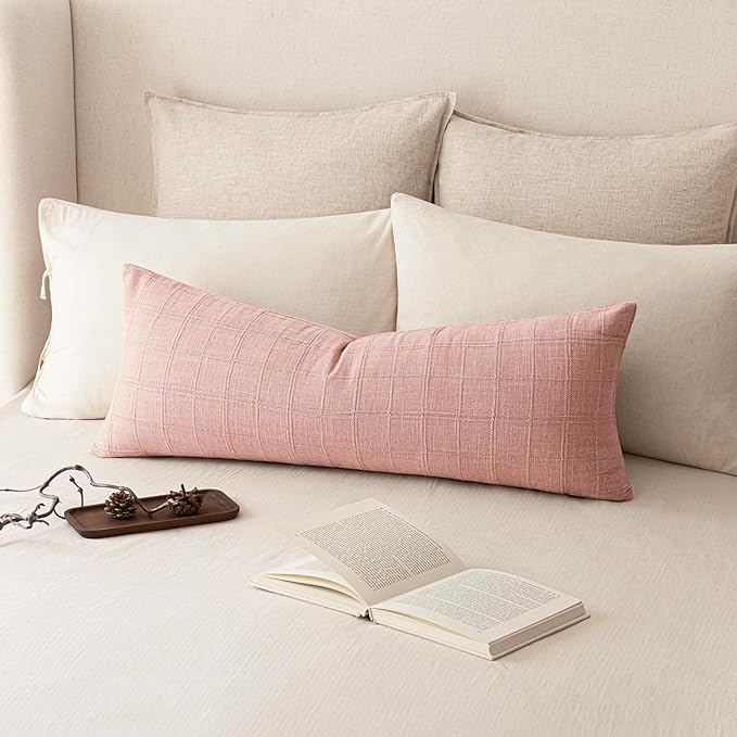 Foindtower Set of 2 Decorative Linen Check Throw Pillow Covers Neutral Farmhouse Vintage Cushion Covers Cozy Modern Boho Accent Home Decor for Sofa Chair Couch Bed Living Room,14×36 Inch,Light Pink