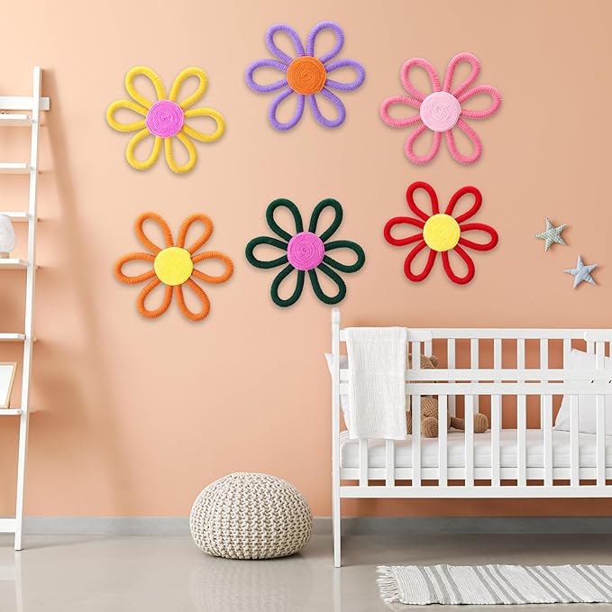 Ripeng 6 Pcs Boho Nursery Decor Flower Daisy Wall Art 6 Inch Woven Macrame Wall Hanging Bohemian Flower Decor Daisy Nursery for Baby Girls Kids Home Bedroom(Rainbow Color)