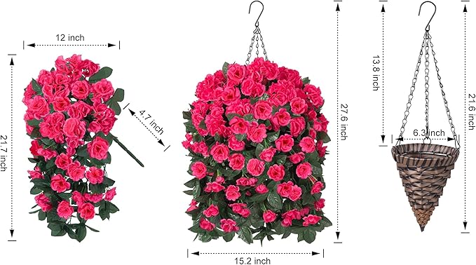 Artificial Geraniums Faux Hanging Plants Flowers Basket for Outdoors, Fake Silk Geraniums Vines in Planter UV Resistant Look Real Spring Summer Outdoor Decorations for Outside Yard Patio, Hotpink