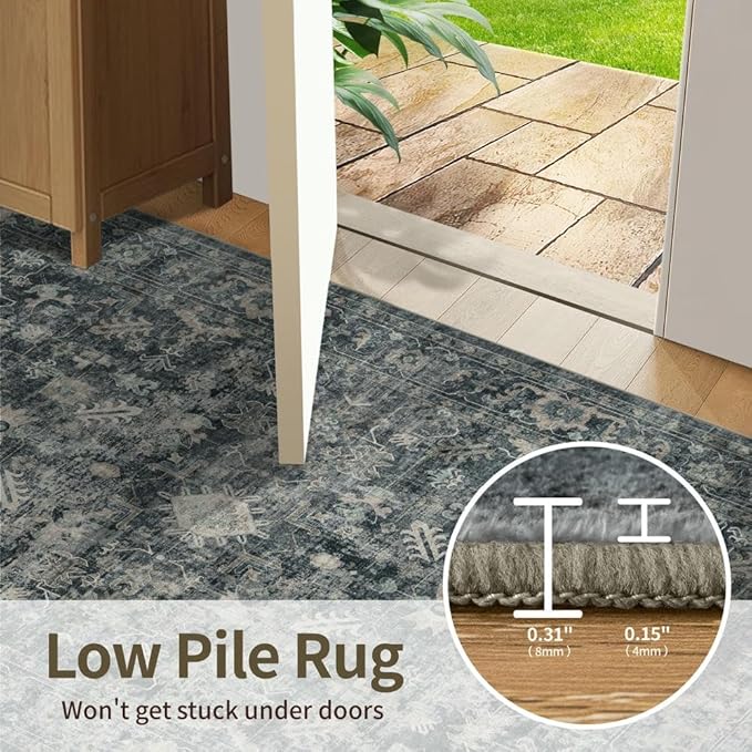 8x10 Area Rugs for Living Room Bedroom, Large Washable Rug, Blue Vintage Retro Boho Rug, Non Slip & Low Pile Faux Wool Thin Carpet for Indoor Dining Room and Kids Room(Blue 8x10ft)