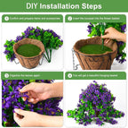 INQCMY Artificial Hanging Flowers in Basket for Spring Patio Garden Decoration, Faux Silk Violet in Planter UV Resistant Realistic for Outside Home Porch Balcony Yard Decor(Purple)