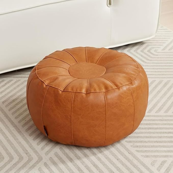 Louis Donné Unstuffed Pouf Ottoman Foot Rest DIY no Filler Cover Only Storage Waterprof Faux Leather Small Bean Bag Cover Reading Relax Floor Chair Waterproof Pet Friendly Easy Clean (Orange)