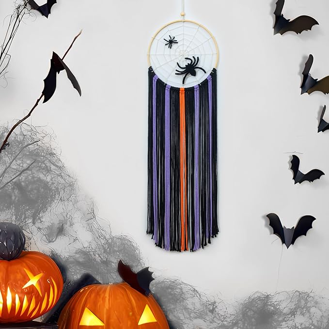 EOBTAIN Halloween Macrame Wall Hanging,Spider Web Dream Catchers,Black Purple and Orange Tassels Pure Cotton Cord Textile Wall Art,Halloween Decorative Woven Tapestry for Home Decor,9.8x32.8 Inch