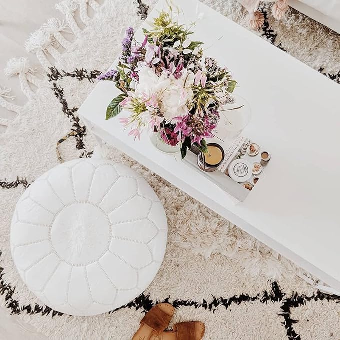 ARTOUARZAZATE Premium Moroccan Leather Pouf Cover - Round & Large Ottoman Footstool Cover with Embroidery - Cover ONLY - Perfect for The Living Room Bedroom, Kids Room, Gift & Wedding (White)