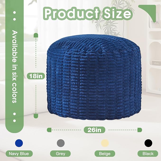 Round Stuffed Pouf, Corduroy Poufs with Foam Chunk Filling,26 X 18 Inches Floor Poufs Foot Rest for Living Room