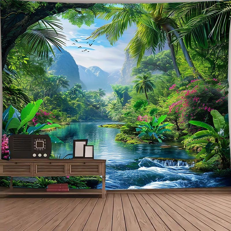 FENDROM Nature Tropical Rain Forest Tapestry Fantasy Landscape Mountain River Jungel Wall Hanging Tapestries for Bedroom Living Room Dorm - color: Rain Forest, size: 59"L x 51"W