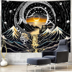 Amhokhui Black and White Tapestry Sun Mountain Tapestry Starry Night Aesthetic Tapestries Trippy River Landscape Tapestries Dark Wall Hanging Decor for Home