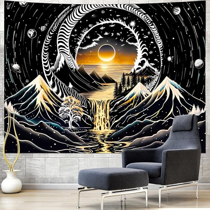 Amhokhui Black and White Tapestry Sun Mountain Tapestry Starry Night Aesthetic Tapestries Trippy River Landscape Tapestries Dark Wall Hanging Decor for Home