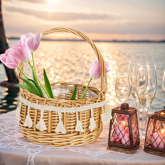 2 Pack Flower Girl Basket, Small Wicker Basket with Silk Petals, White Ribbon, Plastic Liner, Decorative Woven Willow Rattan Basket for Wedding, Gifts, Camping, Home Decor