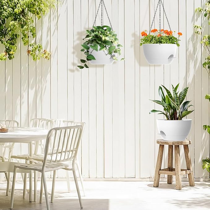 3 Pack 10 Hanging Flower Pots with Chains Self Watering Plastic Planters for Indoor Outdoor Plants, Sturdy Triangular Iron Chain Design for Garden PorchPlastic Hanging Flower pots (3, White)