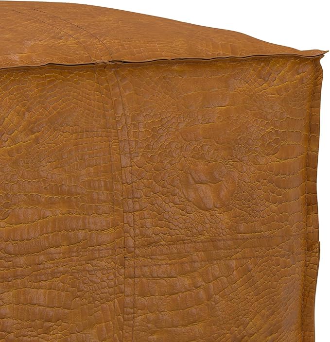 SIMPLIHOME Brody Square Pouf - 18 inch Wide Upholstered Genuine Leather Ottoman in Tan, Boho Footstool, Coffee Table or Extra Seating for Living Room or Bedroom, Assembled