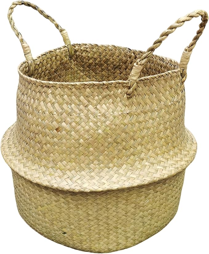 FixtureDisplays 14"X16"X10.5" Woven Seagrass Belly Plant Basket with Handles Plant Pot Handmade Home Decor Basket for Storage Plants,Laundry,Picnic,Plant Pot Cover,Beach Bag&Grocery Basket 22023-NPF