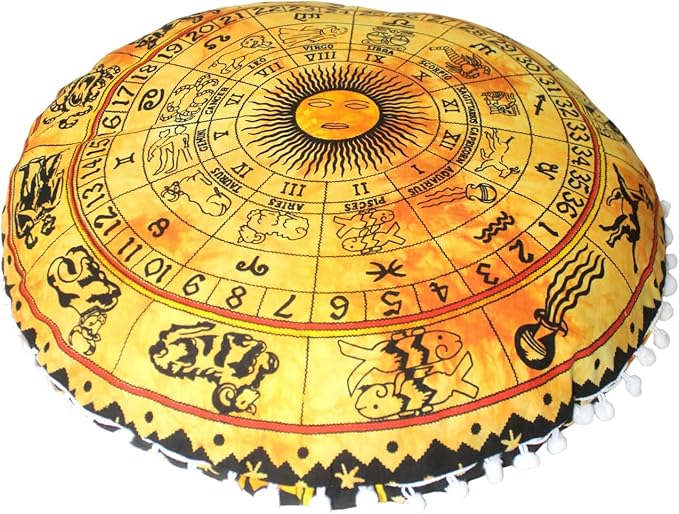CRAFT KALA Boho Large Floor Pillow Pouf Cover Mandala Meditation Room Pillow Cover for Adults Round Bohemian Seating Pouf Cushion Cover for Kids Playroom 22" Yellow Zodiac